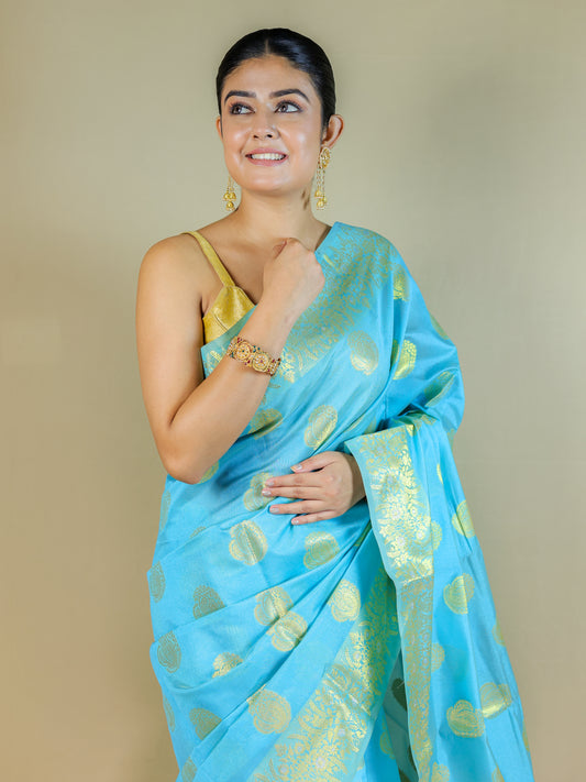 Sky Blue Silk Blend Saree with Golden Zari Motifs – Festive & Party Wear