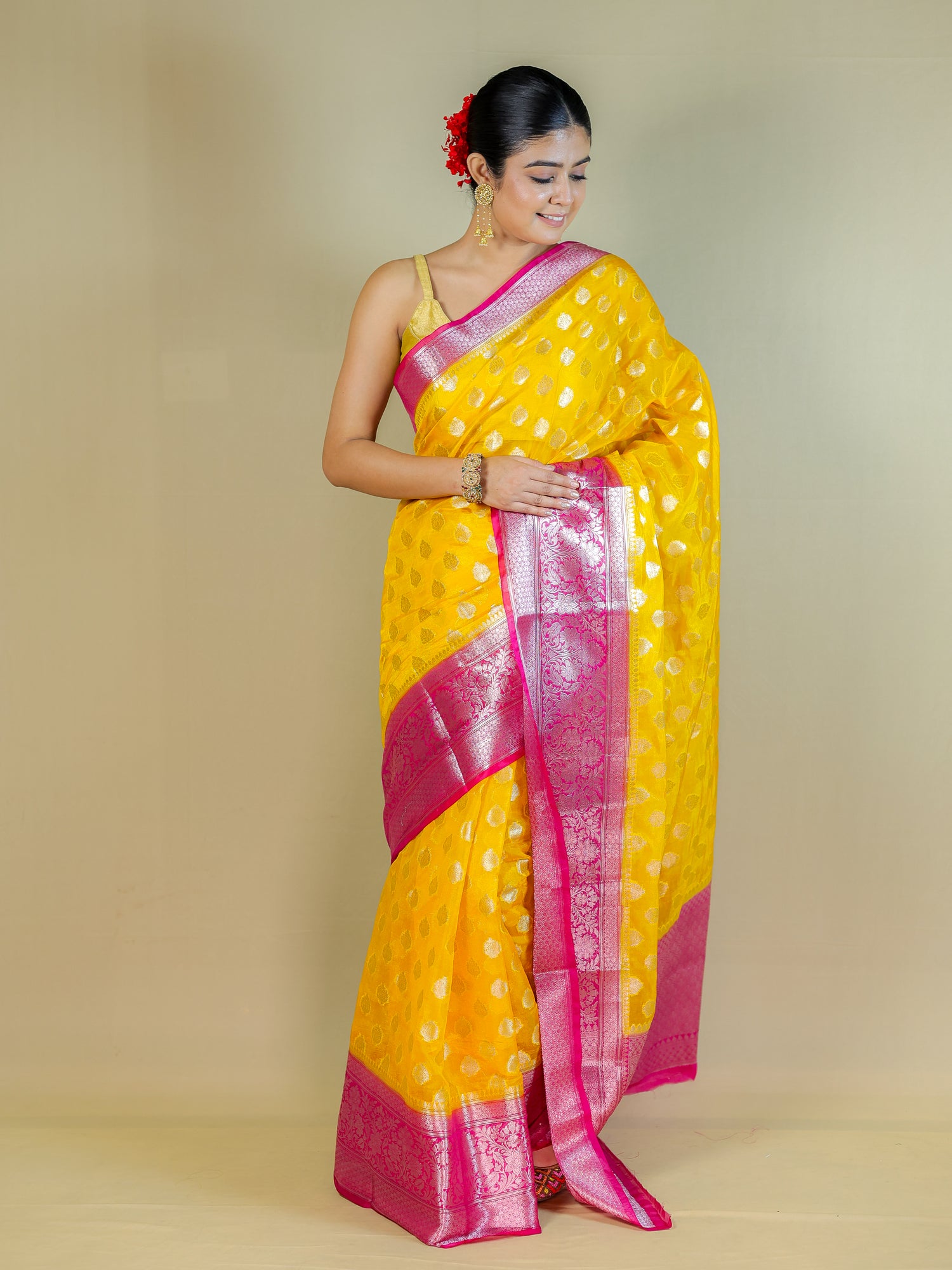 Yellow Silk Blend Saree with Pink Zari Border – Festive & Party Wear