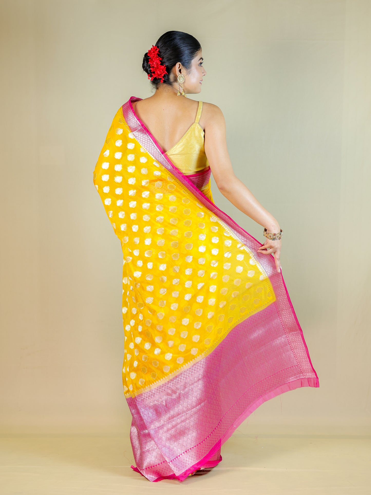 Yellow Silk Blend Saree with Pink Zari Border – Festive & Party Wear