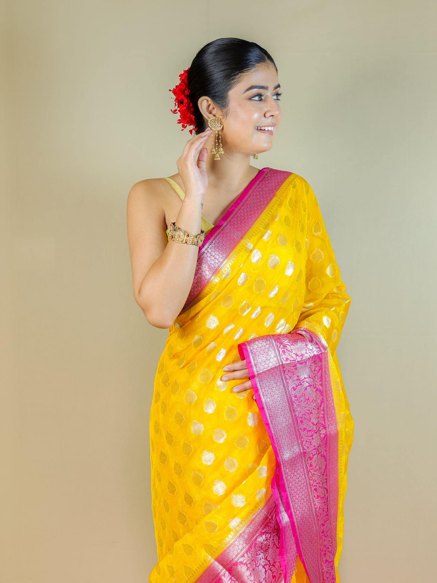 Yellow Silk Blend Saree with Pink Zari Border – Festive & Party Wear