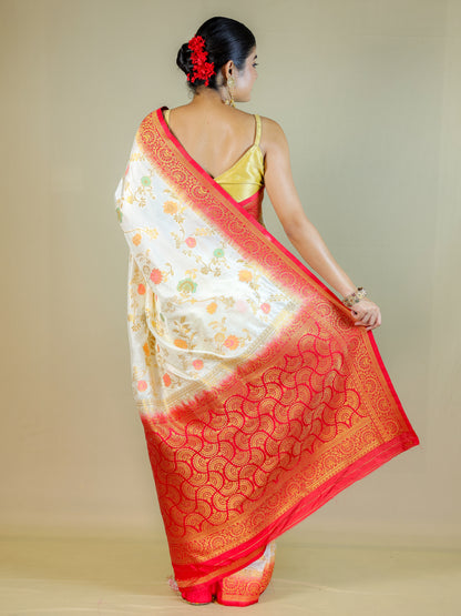 White Silk Blend Saree with Multicolor Floral Design & Red Zari Border – Festive Wear