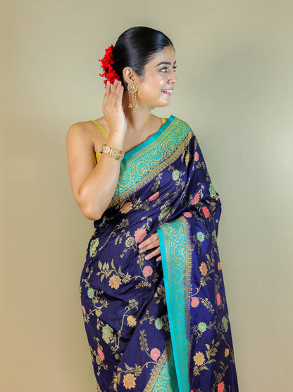 Navy Blue Silk Blend Saree with Multicolor Floral Weave & Turquoise Zari Border