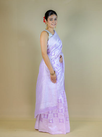 Lavender Cotton Saree with Geometric Woven Pattern | Daily Wear