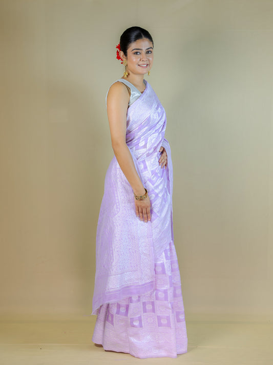 Lavender Cotton Saree with Geometric Woven Pattern | Daily Wear
