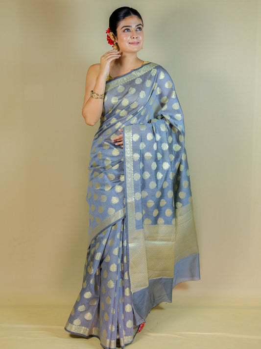 Elegant Grey Banarasi Silk Saree with Golden Zari Work & Blouse Piece