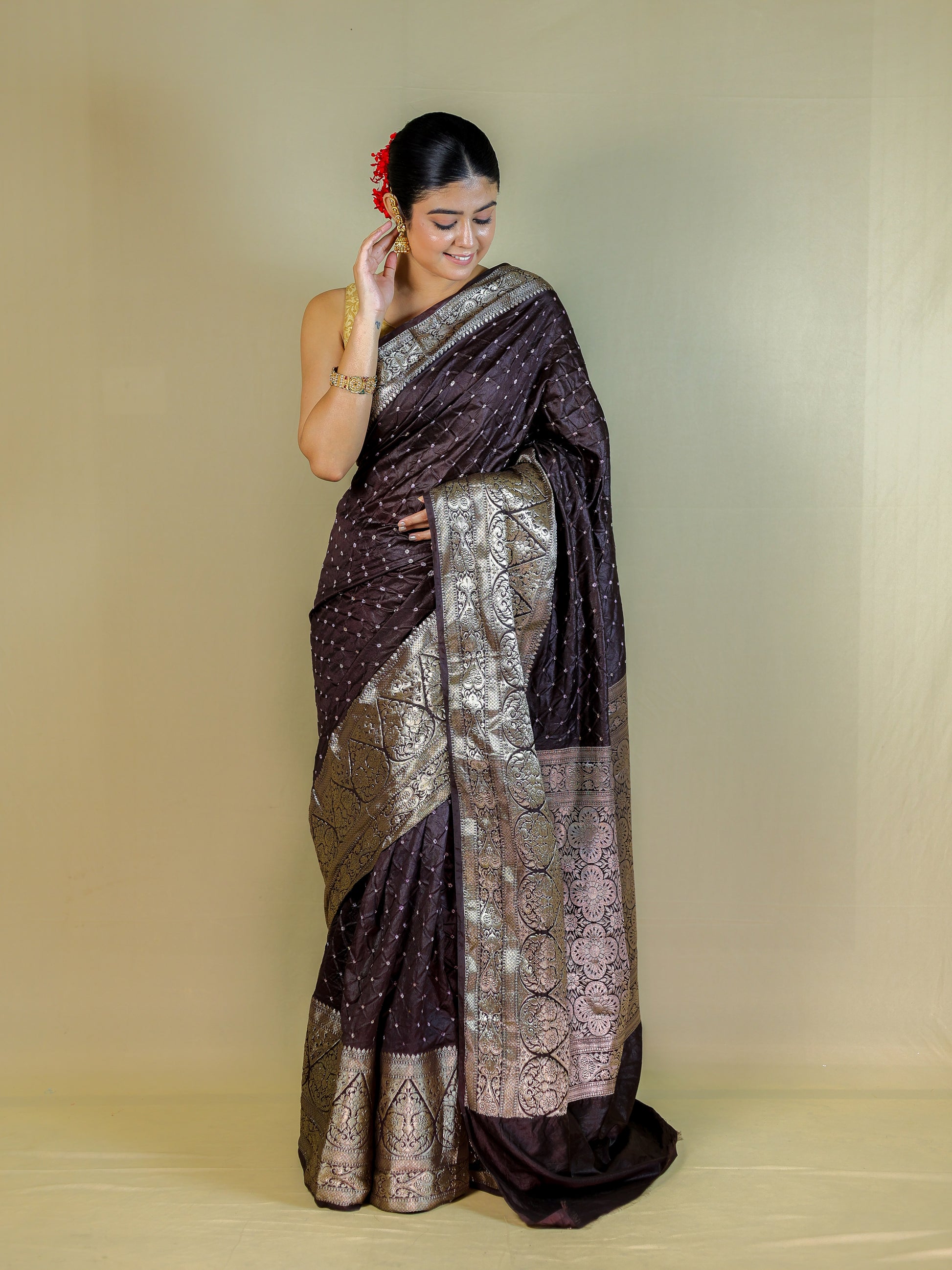 Designer Bandhani Banarasi Silk Saree with Rich Zari Border & Blouse Piece