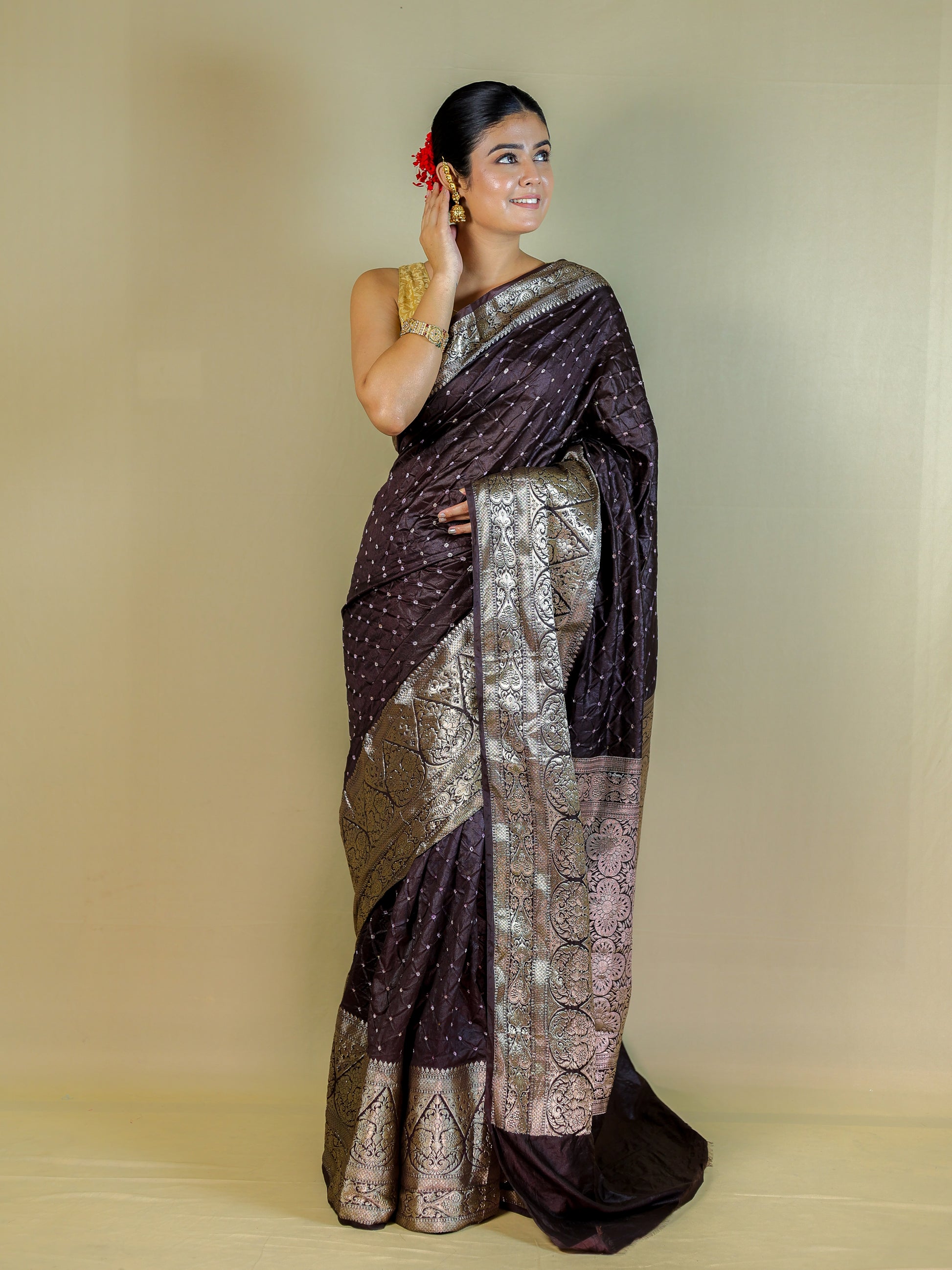 Designer Bandhani Banarasi Silk Saree with Rich Zari Border & Blouse Piece