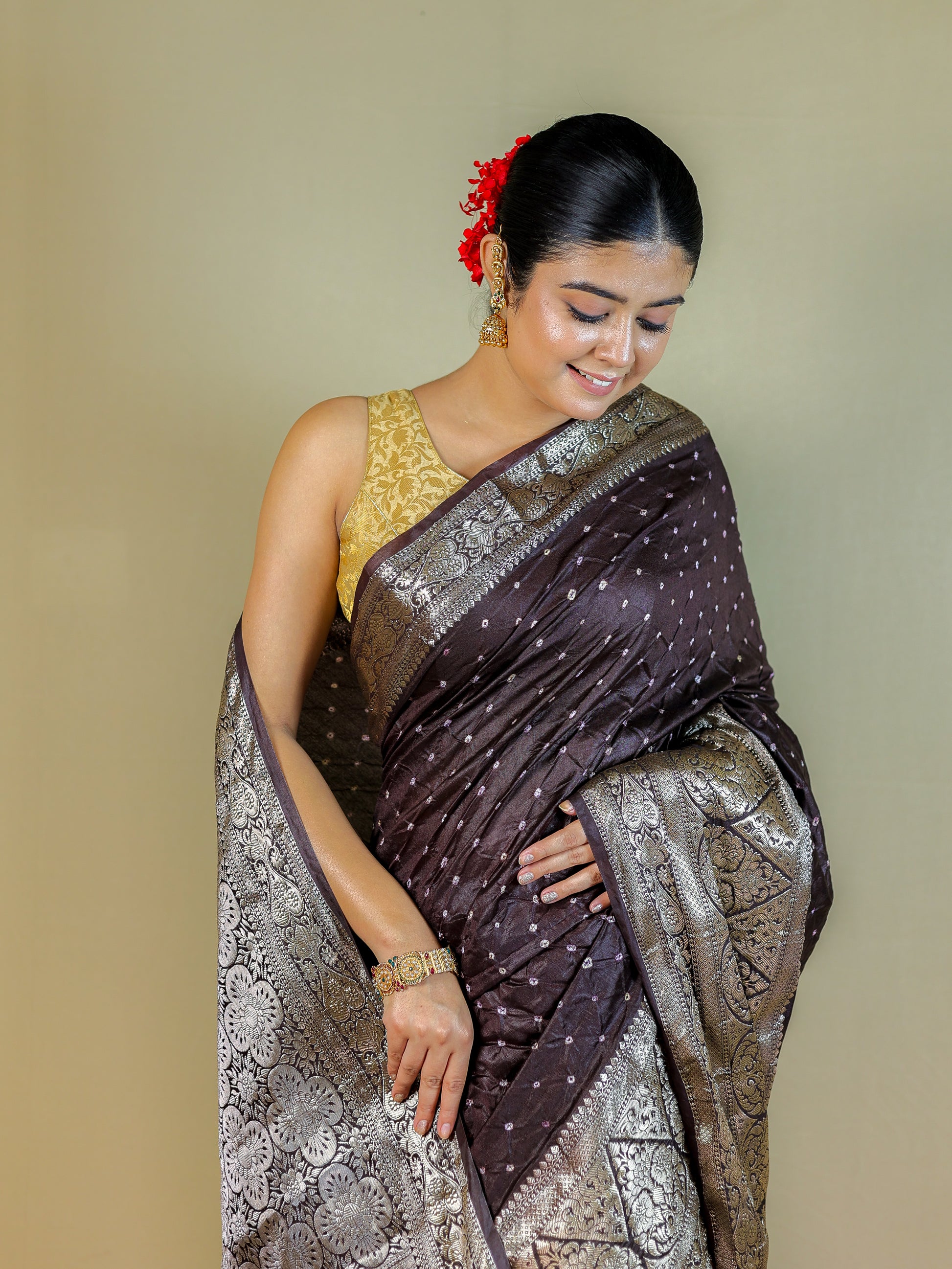 Designer Bandhani Banarasi Silk Saree with Rich Zari Border & Blouse Piece