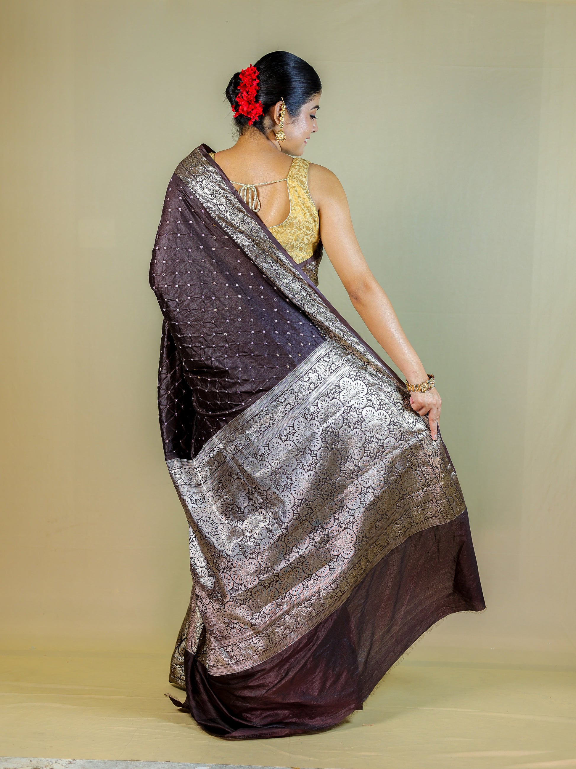Designer Bandhani Banarasi Silk Saree with Rich Zari Border & Blouse Piece