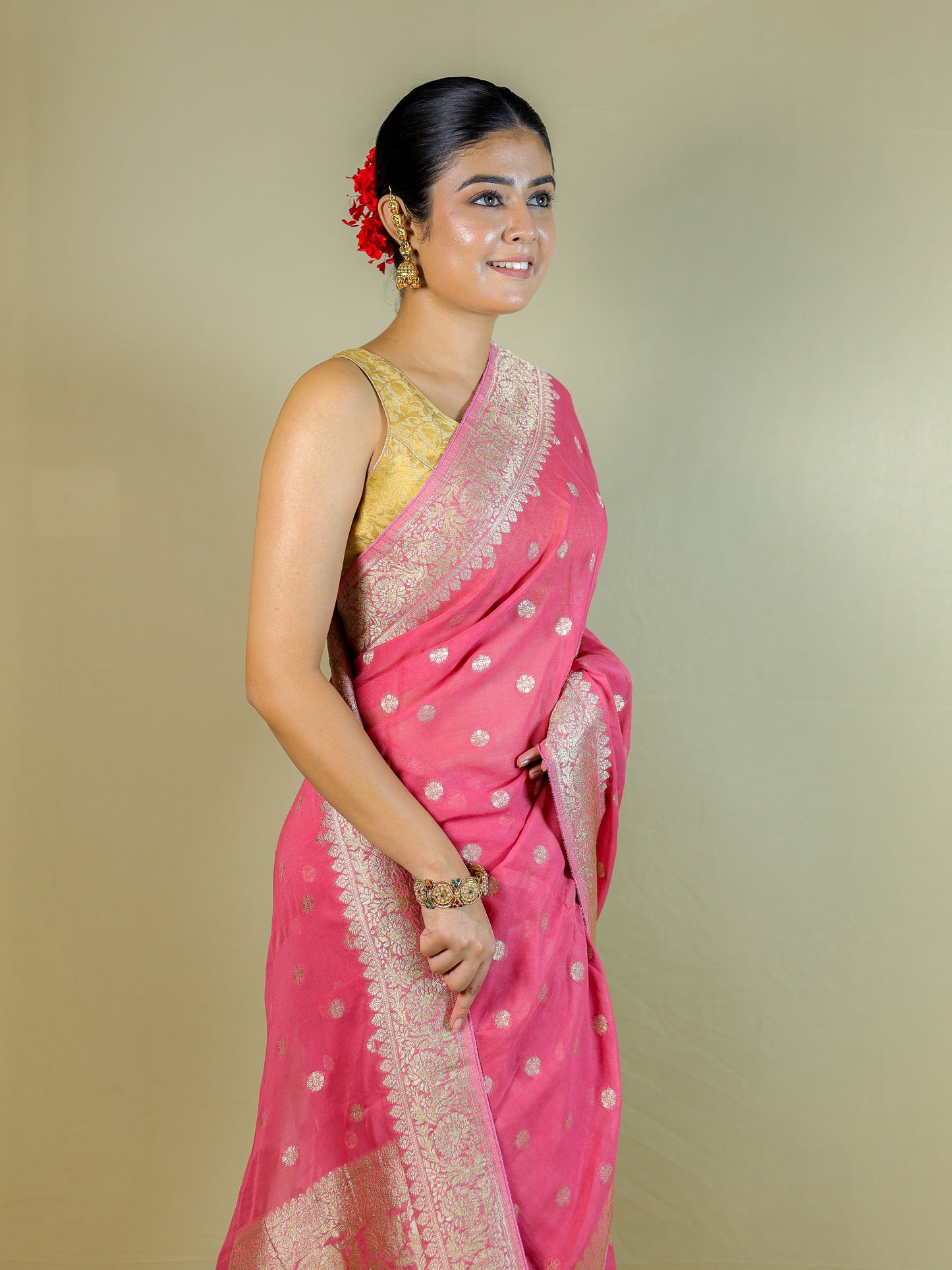 Pure Organza Banarasi Saree with Blouse Piece – Elegant Pink