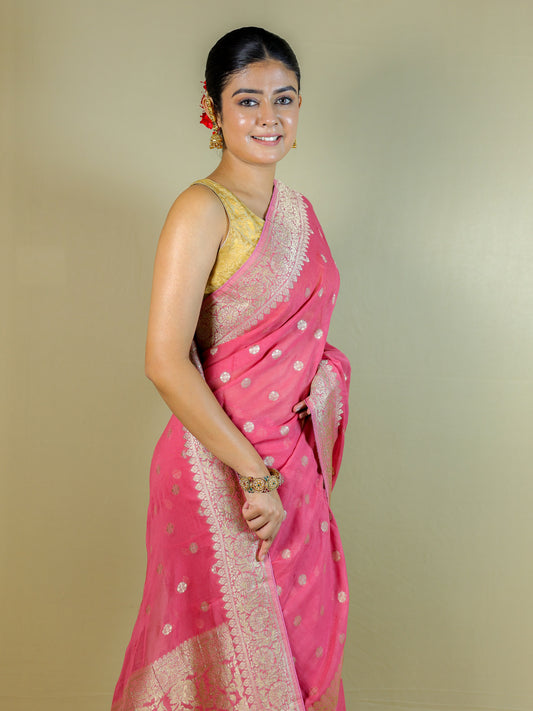Pure Organza Banarasi Saree with Blouse Piece – Elegant Pink