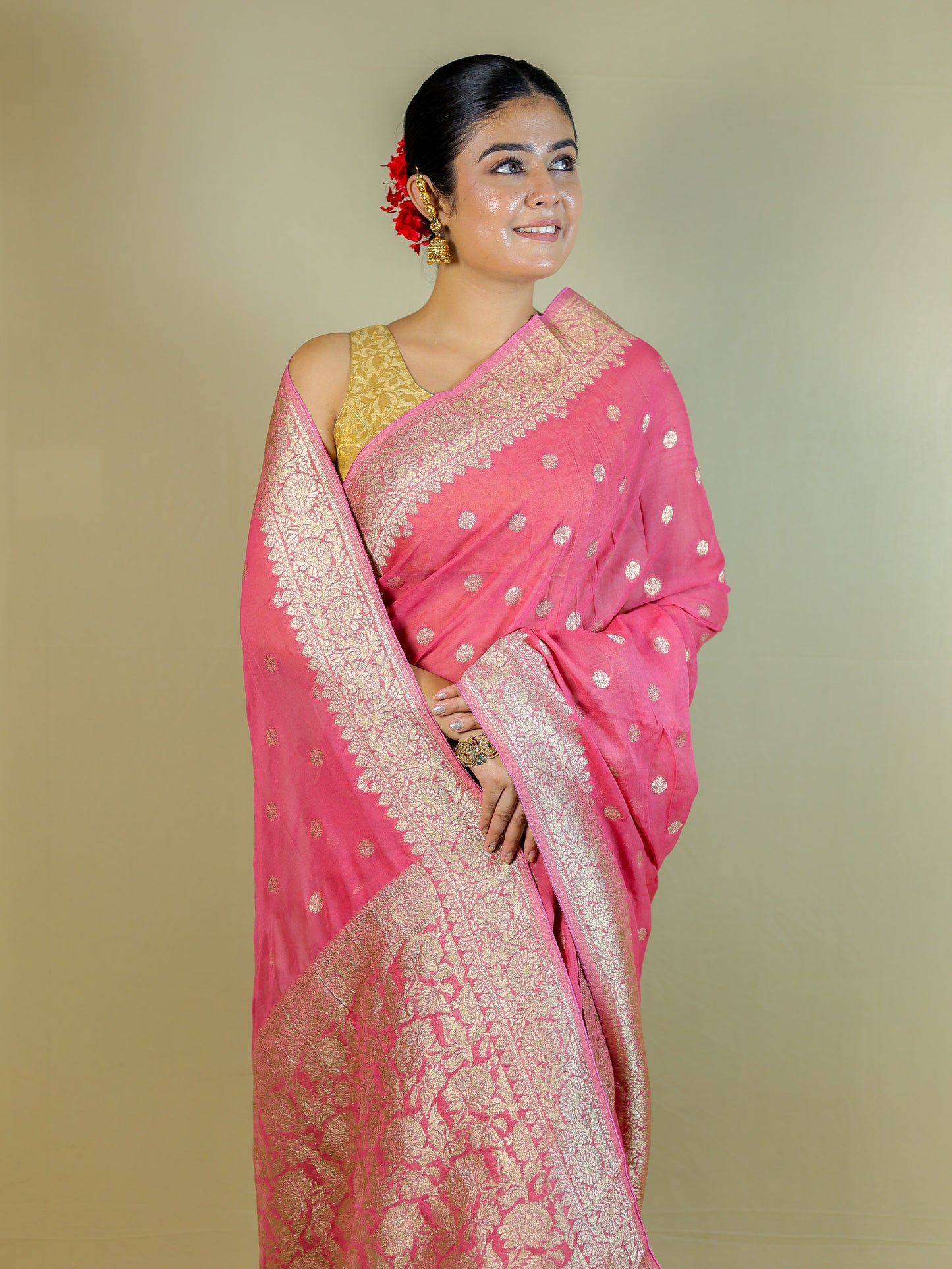 Pure Organza Banarasi Saree with Blouse Piece – Elegant Pink