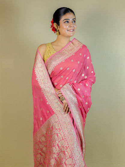 Pure Organza Banarasi Saree with Blouse Piece – Elegant Pink