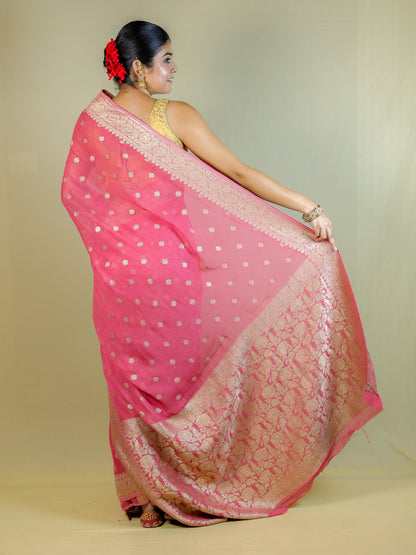 Pure Organza Banarasi Saree with Blouse Piece – Elegant Pink