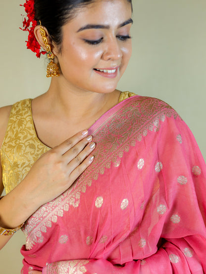 Pure Organza Banarasi Saree with Blouse Piece – Elegant Pink