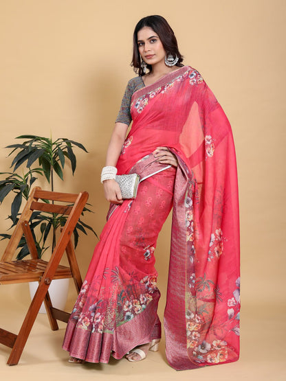 Vibrant Rani Pink Floral Saree with Contrast Green Zari Border