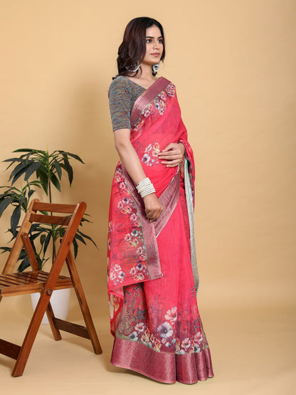 Vibrant Rani Pink Floral Saree with Contrast Green Zari Border