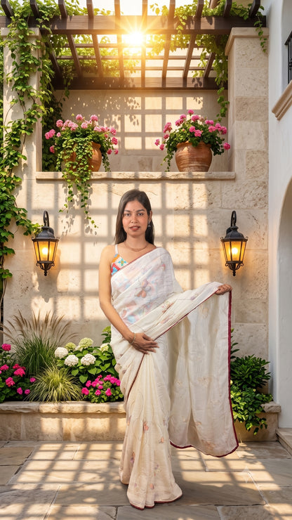 Elegant Ivory Floral Embroidered Saree with Contrast Border