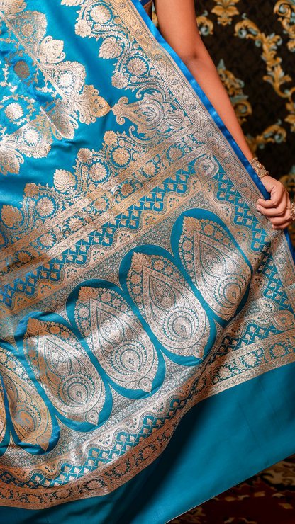 Azure Bloom Banarasi Silk Saree with Silver Zari Elegance