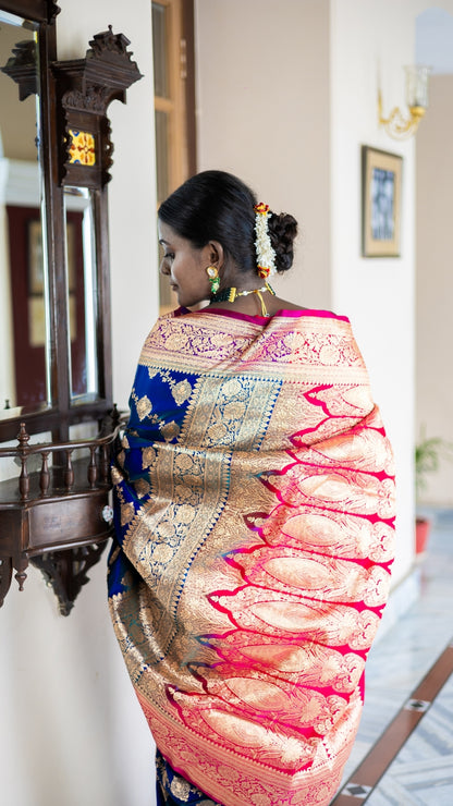 Royal Rhapsody Banarasi Silk Saree in Blue & Rani Pink with Golden Zari