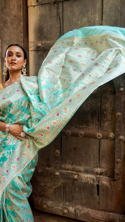 Meherbaan Mint Banarasi Silk Saree with Pastel Zari Lotus Weave