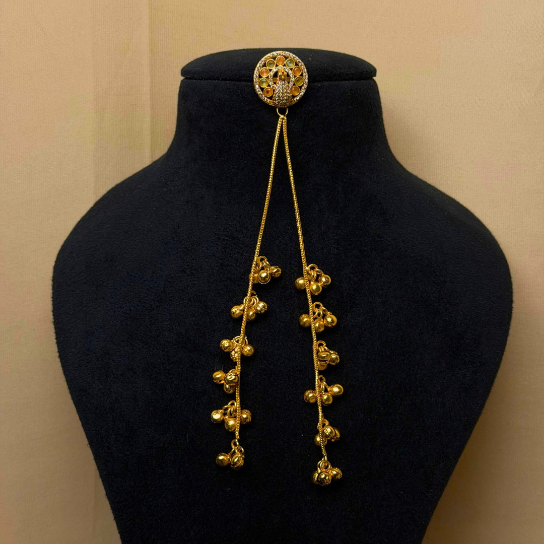 Gold Tone Peacock Design Long Chain Earrings with Dangling Bells