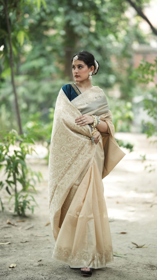 Cotton Check Super Net Resham Saree – Ivory Dream