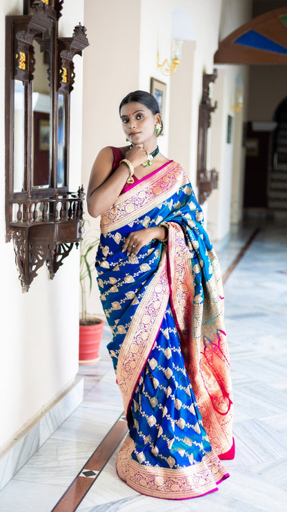 Royal Rhapsody Banarasi Silk Saree in Blue & Rani Pink with Golden Zari