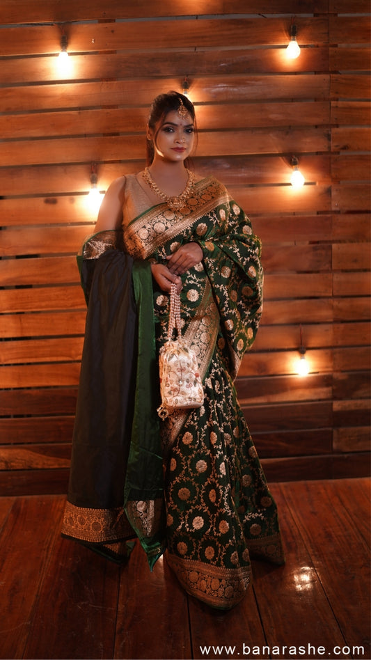Green with Dual Zari Pure Katan Silk Banarasi Saree