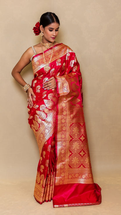 Rani Rasika Red Kanjivaram Silk Saree with Golden Floral Brocade