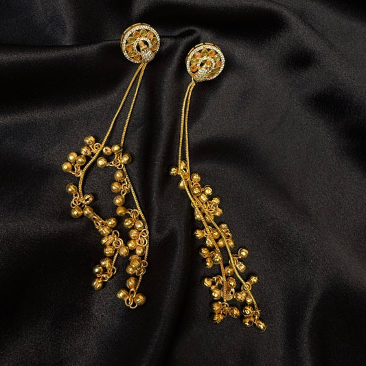 Gold Tone Peacock Design Long Chain Earrings with Dangling Bells