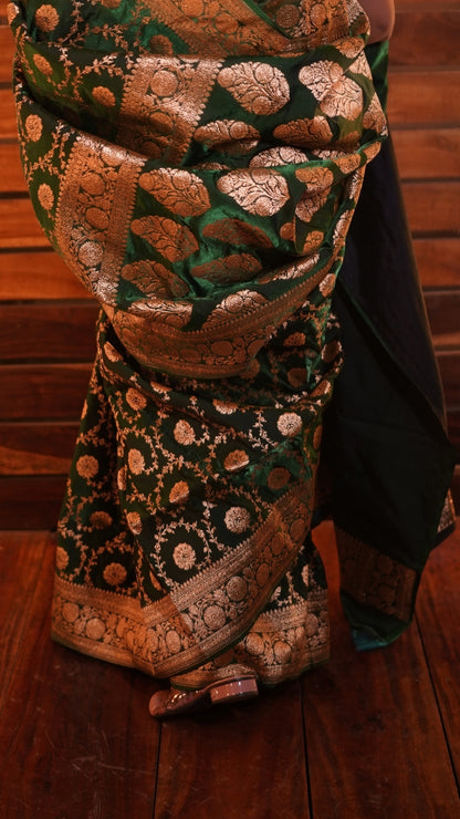 Green with Dual Zari Pure Katan Silk Banarasi Saree