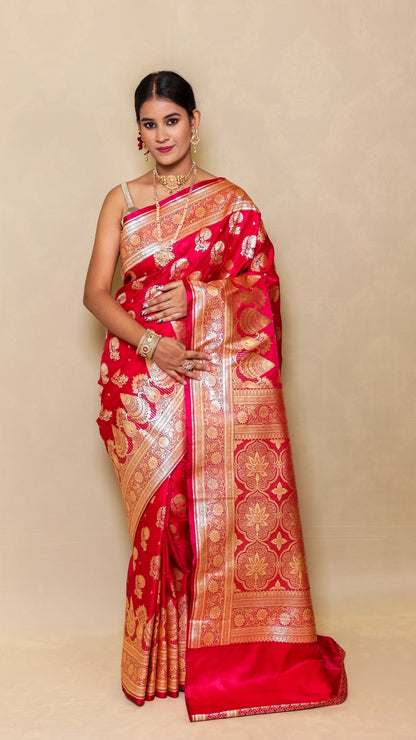Rani Rasika Red Kanjivaram Silk Saree with Golden Floral Brocade