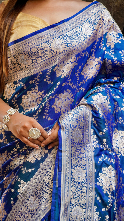 Neel Kamal Royal Blue Banarasi Silk Saree with Silver Zari Buta Work