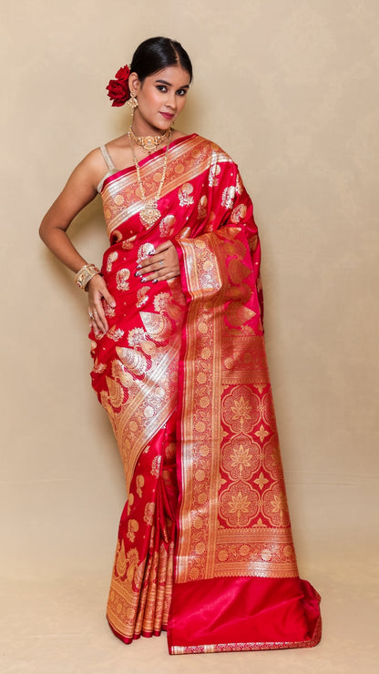 Rani Rasika Red Kanjivaram Silk Saree with Golden Floral Brocade