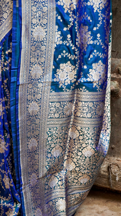 Neel Kamal Royal Blue Banarasi Silk Saree with Silver Zari Buta Work