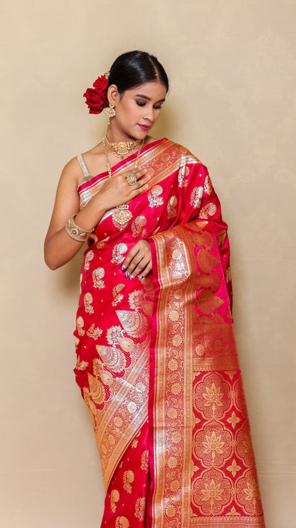 Rani Rasika Red Kanjivaram Silk Saree with Golden Floral Brocade