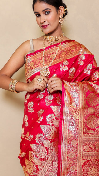 Rani Rasika Red Kanjivaram Silk Saree with Golden Floral Brocade