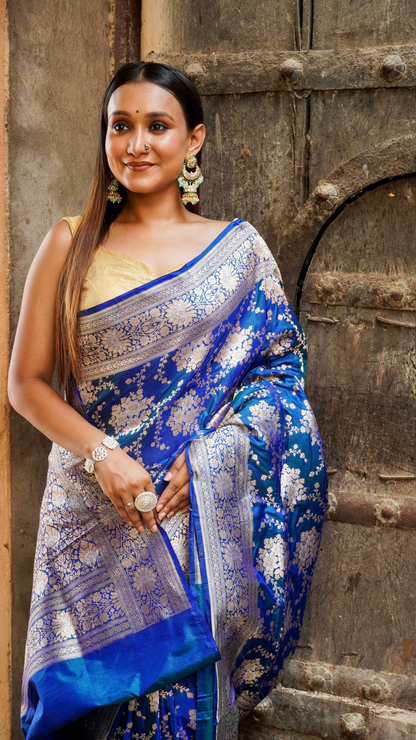 Neel Kamal Royal Blue Banarasi Silk Saree with Silver Zari Buta Work