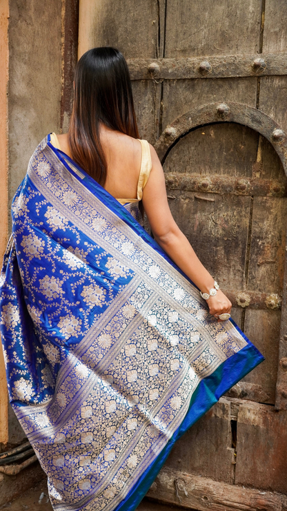 Neel Kamal Royal Blue Banarasi Silk Saree with Silver Zari Buta Work