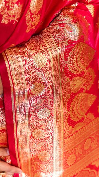 Rani Rasika Red Kanjivaram Silk Saree with Golden Floral Brocade