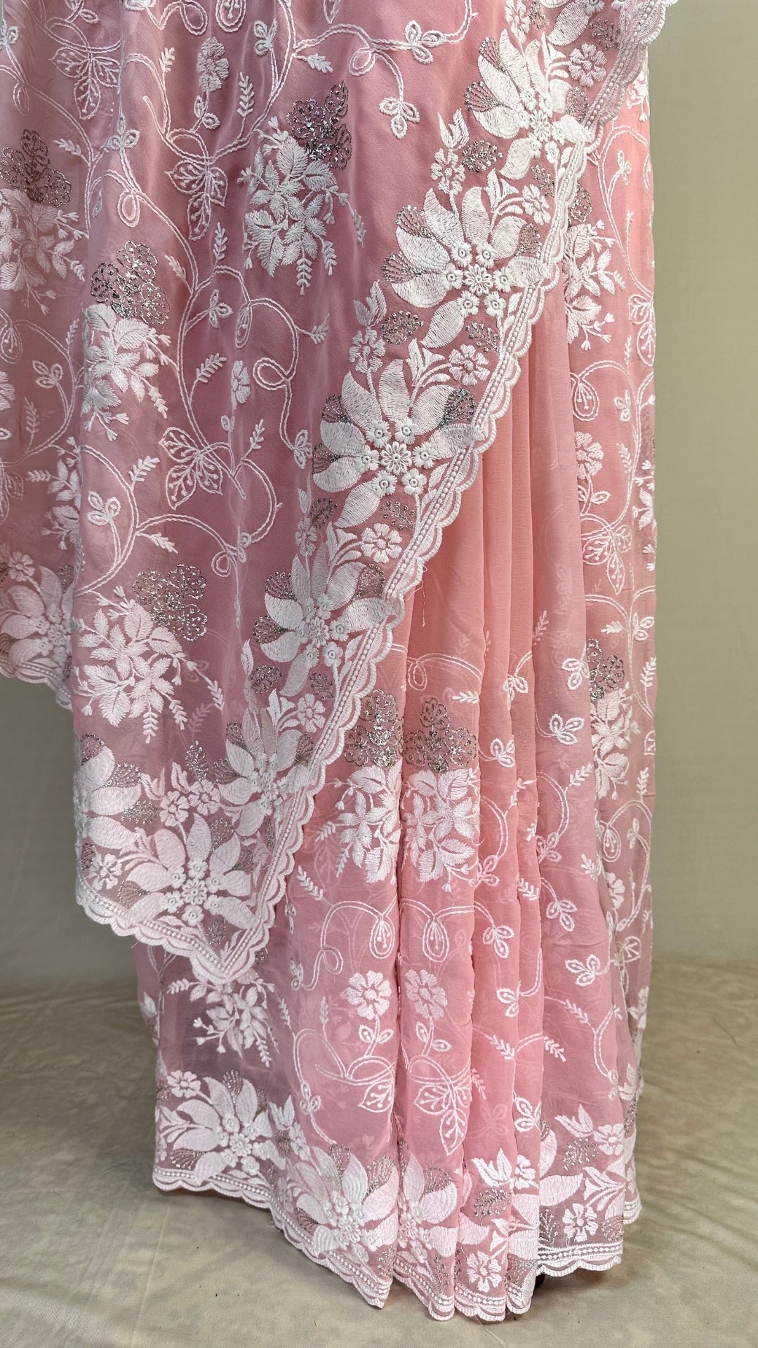 Elegant pink chikankari Saree with White Floral Embroidery
