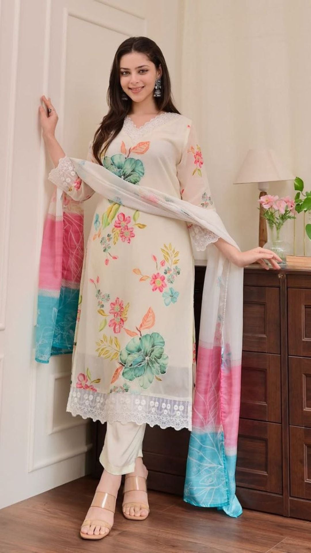 Floral Handwork Organza Suit Set with Reshmi Dupatta