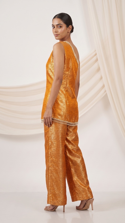 Banarashe Women’s Golden Orange One-Shoulder Kurta with Wide-Leg Pants Set