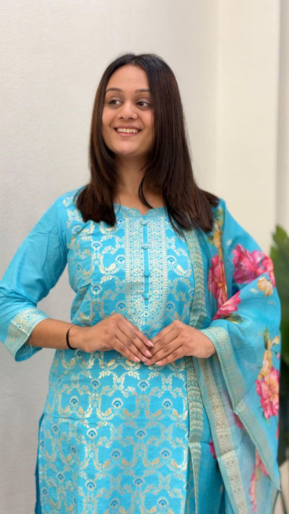 Premium Banarasi Kurti Set with Floral Dupatta