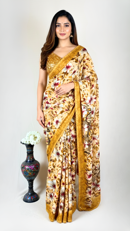 Folor Print Banarasi Georgette Saree (Yellow)