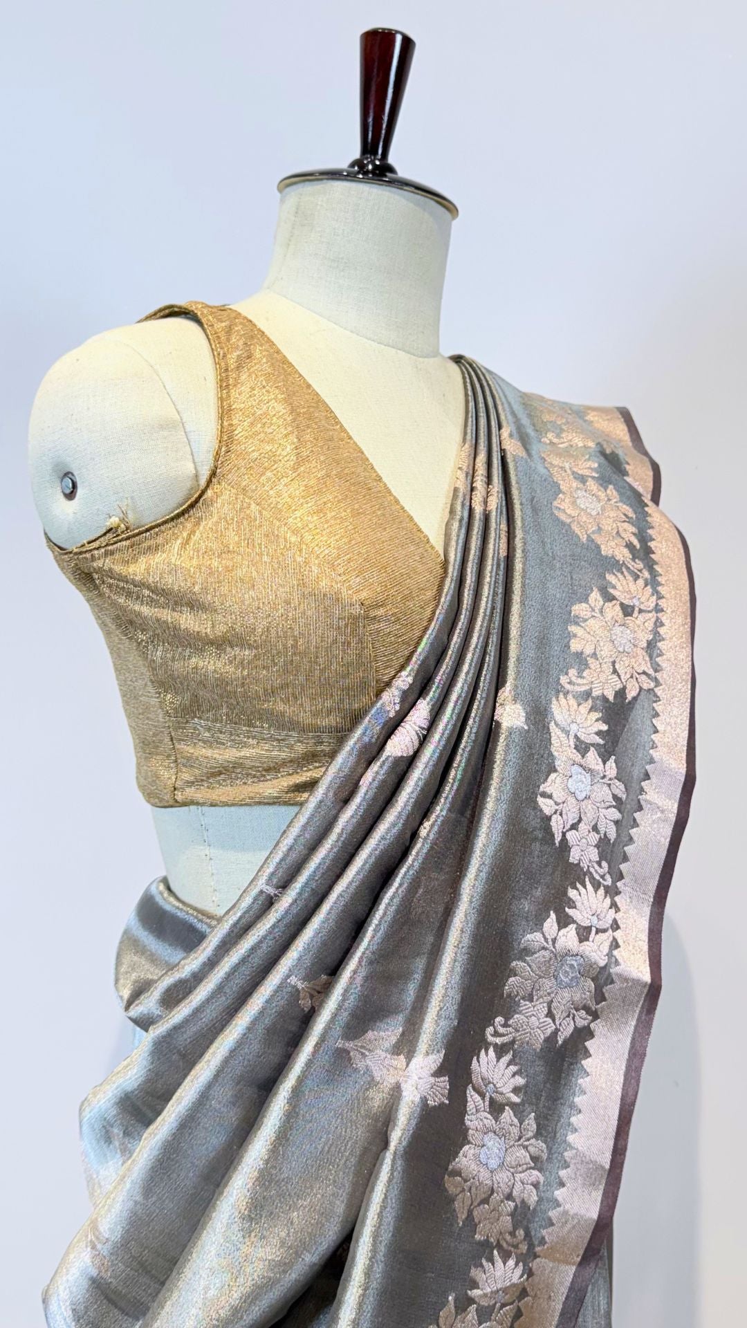 Grey Cotton Tissue Saree with Floral Zari Weaving Border