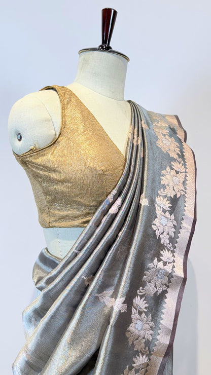 Grey Cotton Tissue Saree with Floral Zari Weaving Border