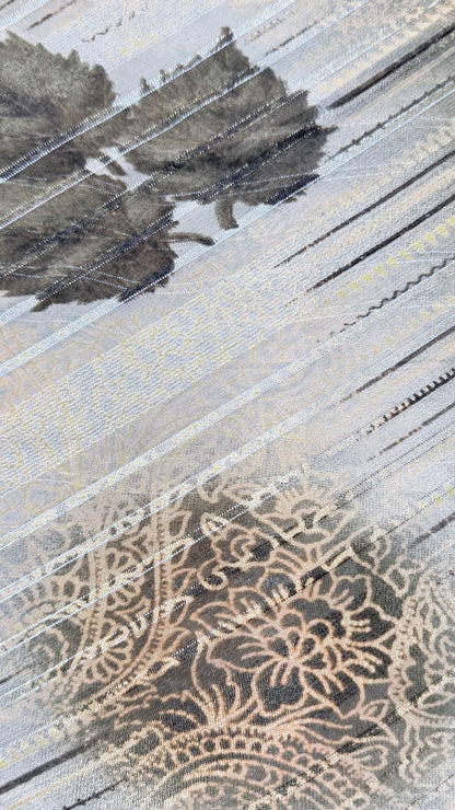 Beige Printed Synthetic Saree with Leaf Print