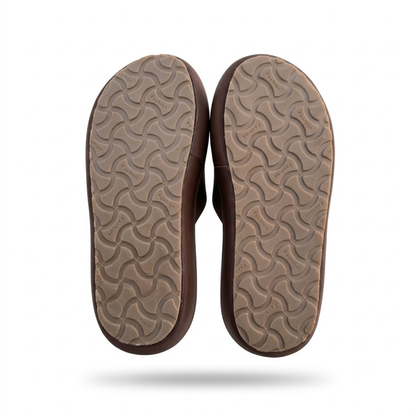 Women’s Brown Slip-On Slides with Gold Floral Accent